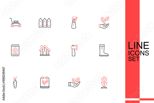 Set line Flower, Leaf in hand, Calendar with autumn leaves, Carrot, Waterproof rubber boot, Wooden axe, Farm house and Pack full seeds icon. Vector