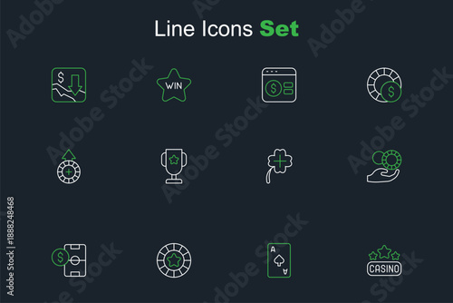 Set line Casino signboard, Playing card with spades symbol, chips, Football betting money, Hand holding casino, slot machine clover, poker trophy cup and icon. Vector