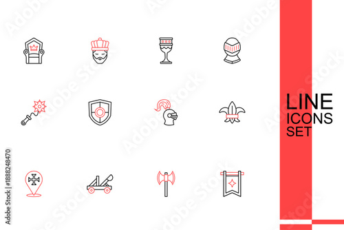 Set line Medieval flag, poleaxe, catapult, Crusade, Fleur lys or lily flower, helmet, Shield and Mace with spikes icon. Vector