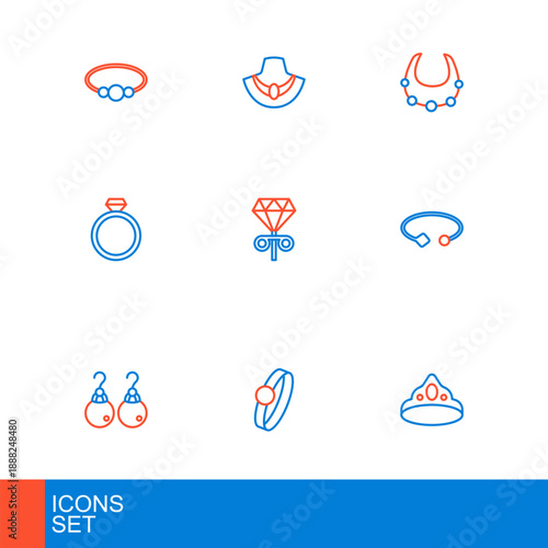 Set line King crown, Diamond engagement ring, Earrings, Bracelet jewelry, Stud earrings, Necklace and mannequin icon. Vector