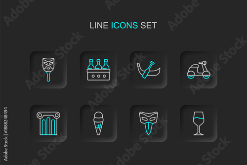 Set line Wine glass, Carnival mask, Ice cream waffle, Ancient column, Scooter, Gondola boat, Bottles of wine and icon. Vector