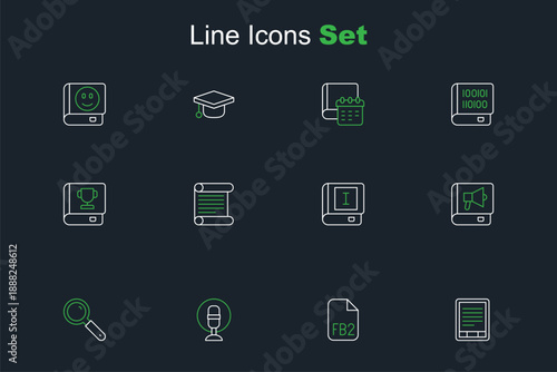 Set line E-Book reader, FB2 File, Microphone, Magnifying glass, Decree, parchment, scroll and icon. Vector