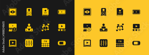 Set Online play video, Sound mixer controller, Romantic movie, Cinema auditorium with screen, Actor star, Scenario, Rating and Stereo speaker icon. Vector