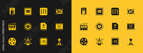 Set Prohibition no video recording, No alcohol, Scenario, Plus 16 movie, Camera shutter, Sound mixer controller, Fire exit and Video with subtitles icon. Vector