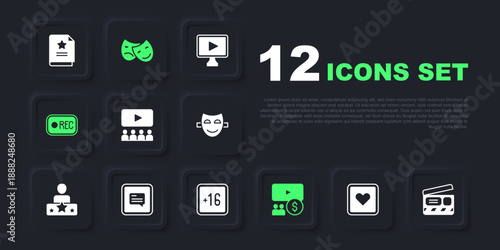 Set Like heart, Movie clapper, Cinema auditorium with screen, Record button, Video subtitles, Comedy and tragedy masks and Plus 16 movie icon. Vector