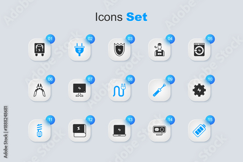 Set Electrical outlet, Smart Tv, plug, LED light bulb, Battery charge, Gear and lightning, panel and icon. Vector