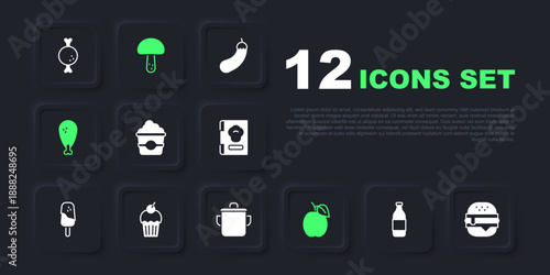 Set Bottle of wine, Burger, Popcorn cardboard box, Plum fruit, Chicken leg, Muffin, Mushroom and Cooking pot icon. Vector