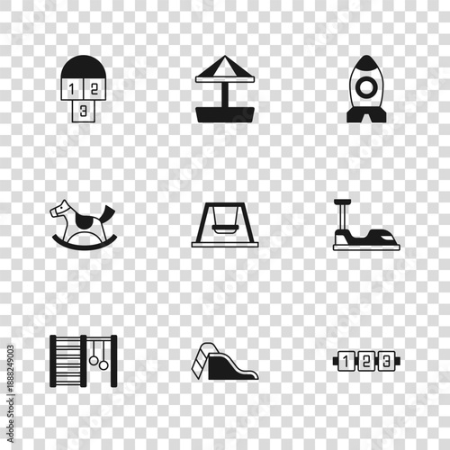Set Slide playground, Bumper car, Education logic game, Swing for kids, Rocket ship toy, Hopscotch, Sandbox with sand and Horse saddle swing icon. Vector