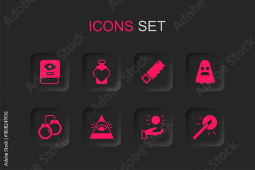 Set All-seeing eye of God, Bottle with love potion, Ancient magic book, Ball levitating above hand, Ghost, Magic wand, Hand saw and Handcuffs icon. Vector