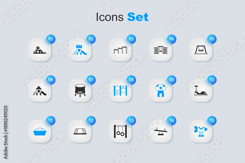 Set Seesaw, Jumping trampoline, Slide playground, Sandbox with sand, Swing plane, Bumper car, and Playground climbing equipment icon. Vector