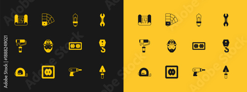Set Wrench spanner, Electrical outlet, drill machine, Builder, Light bulb, House plan and Color palette guide icon. Vector