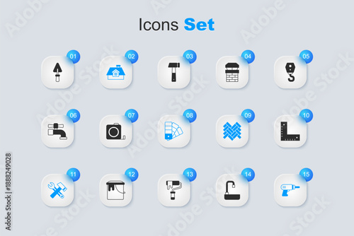Set Washbasin, Roulette construction, House, Hammer and wrench spanner, Electric drill machine, Corner ruler, Trowel and Color palette guide icon. Vector