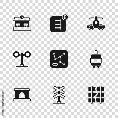 Set Railroad crossing, Suitcase, Broken or cracked railway, Railway map, Handcar transportation, station, Online ticket booking and Train traffic light icon. Vector