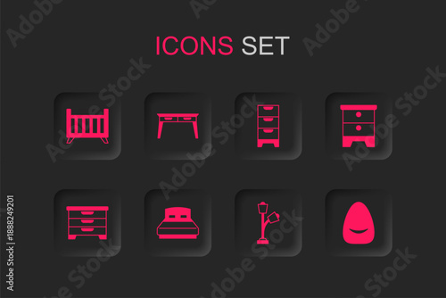 Set Big bed, Office desk, Baby crib cradle, Floor lamp, Furniture nightstand, Pouf, Chest of drawers and icon. Vector