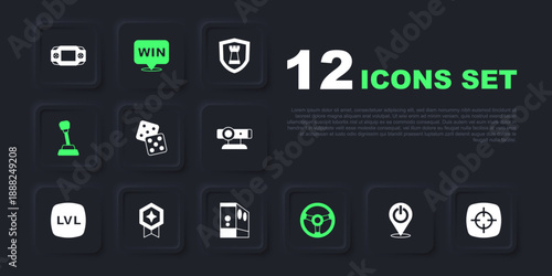 Set Power button, Target sport, Game dice, Racing simulator, Gear shifter, rating with medal, Medal and Case of computer icon. Vector