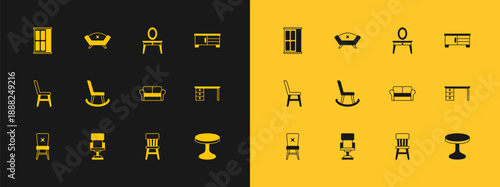 Set TV table stand, Office chair, Sofa, Chair, Armchair, Dressing, Wardrobe and icon. Vector