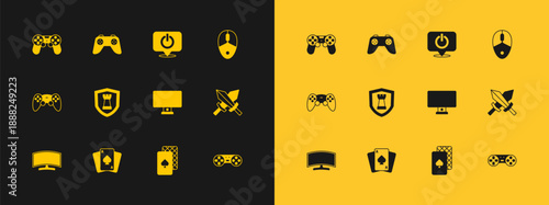 Set Computer mouse, Playing cards, monitor, Chess shield, Power button, Game controller joystick and icon. Vector