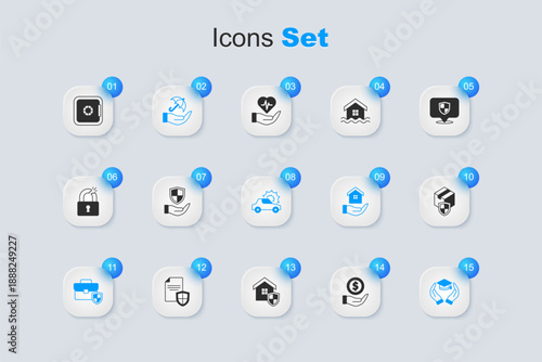 Set Money with shield, Shield in hand, Umbrella, Briefcase, Education grant, Delivery security, Safe and Car insurance icon. Vector