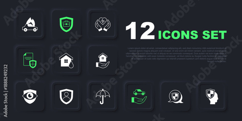 Set Shield, Life insurance with shield, House flood, Car, Contract, Briefcase and Umbrella icon. Vector
