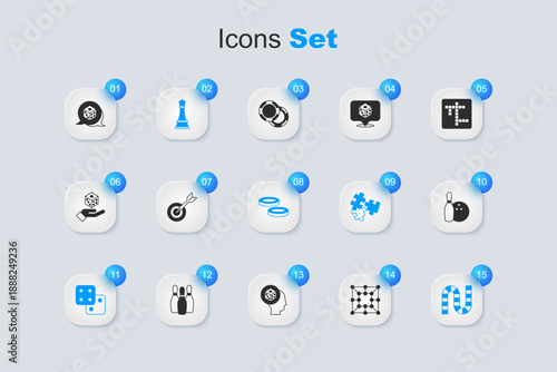 Set Board game, Classic dart board and arrow, Chess, Game dice, Bowling pin ball, and Checker chips icon. Vector