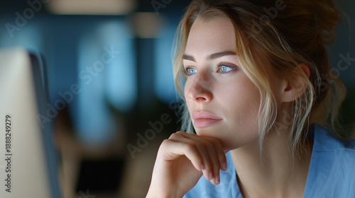 Focused Woman Working Late on Computer Screen