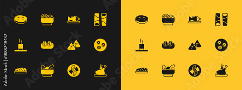 Set Guotie, Wonton, Zongzi in bamboo steamer, Served cucumber plate, Sushi, fish, Homemade pie and Asian noodles bowl icon. Vector