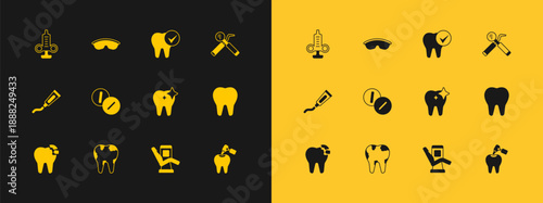 Set Dental mirror and probe, Broken tooth, Tooth whitening, Medical dental chair, Toothache painkiller tablet, Syringe and Safety goggle glasses icon. Vector