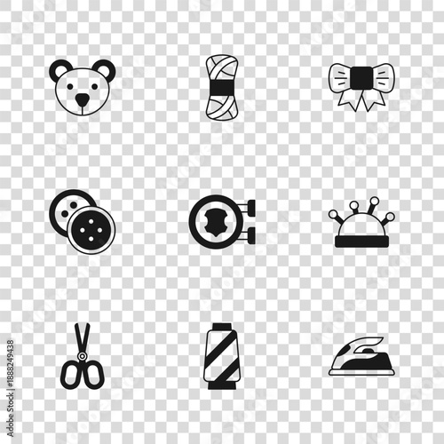 Set Sewing thread on spool, Needle bed and needles, Electric iron, Leather, Gift bow, Teddy bear plush toy, Yarn and button for clothes icon. Vector