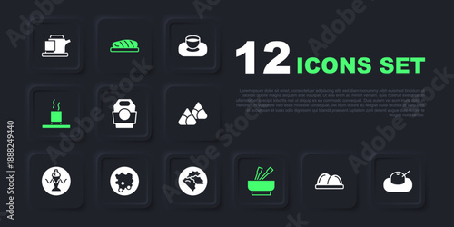 Set Sushi, Mochi, Asian noodles in paper box, bowl, Cup of tea, Rice, Fish steak and Dumpling icon. Vector