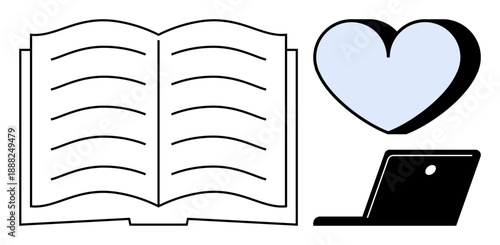 Education, technology, digital learning, creativity, passion, knowledge sharing. Open book, heart and laptop ion. Education and technology concepts highlighted in this visual