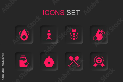 Set Hive for bees, Burning candle, Honeycomb, dipper stick, Bee honeycomb, award, Queen and Jar of icon. Vector