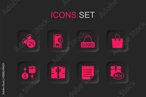 Set Stacks paper money cash, Mobile with dollar, Telephone 24 hours support, Wish list template, Paper shopping bag, New collection, Hanging sign text Closed and Tax cardboard box icon. Vector