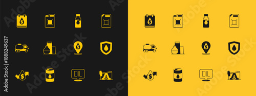 Set Canister for gasoline, Barrel oil, Oil drop with dollar symbol, Word, tank storage, petrol test tube, and icon. Vector