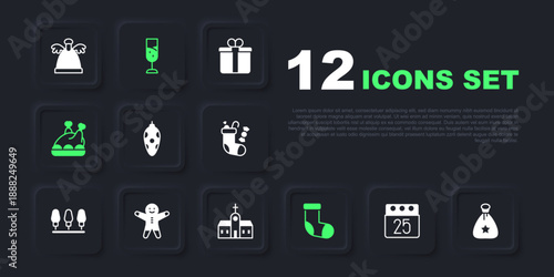 Set Christmas day calendar, Santa Claus bag gift, toy, stocking, Roasted turkey or chicken, Holiday gingerbread man cookie, Glass of champagne and Church building icon. Vector