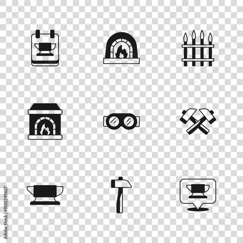 Set Hammer, Crossed hammer, Blacksmith anvil tool, Welding glasses, Classic iron fence, oven and icon. Vector
