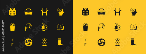 Set Fisherman, Outboard boat motor, Spinning reel for fishing, Location, Fishing rod and, Camping folding chair, jacket and Case box equipment icon. Vector