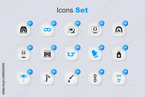 Set Chain link, Blacksmith oven, Welding glasses, Sledgehammer, Garden light lamp, apron, and Clamp and screw tool icon. Vector