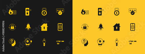 Set Password protection, Ringing alarm bell, House under, Key, Lock, Firewall, security wall and Fingerprint door lock icon. Vector