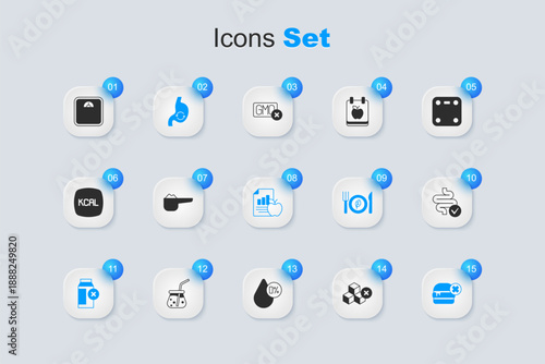 Set No sugar free, Sports nutrition proteine, Human stomach health, Lactose intolerance, burger, Intestines, Bathroom scales and Diet plan icon. Vector