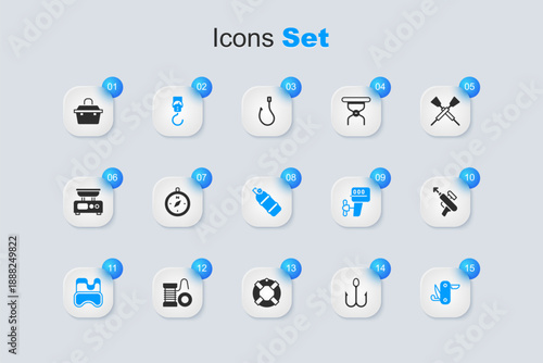 Set Fishing hook, Compass, Spring scale, Diving mask, Swiss army knife, harpoon, Case or box for fishing equipment and Aqualung icon. Vector