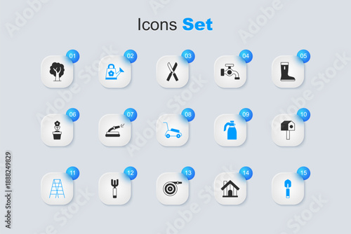 Set Farm house, Garden hose, Watering can, Wooden staircase, trowel spade or shovel, Bird, Tree and Lawn mower icon. Vector