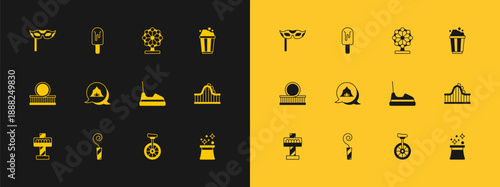 Set Popcorn in cardboard box, Birthday party horn, Bumper, Unicycle, Circus tent, Ferris wheel, Festive mask and Ice cream icon. Vector