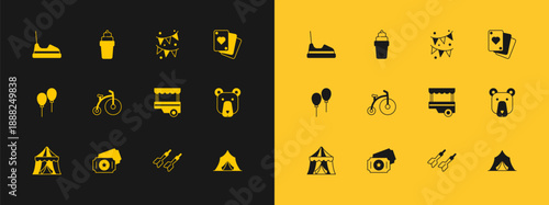 Set Playing cards, Circus ticket, Fast street food cart, Dart arrow, Vintage bicycle, Carnival garland with flags, Bumper and Ice cream waffle icon. Vector
