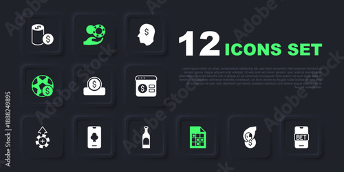 Set Hand holding casino chips, Online sports betting, Coin money with dollar, Lottery ticket, Football, poker table game, and Bottle of wine icon. Vector