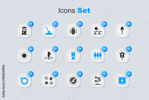 Set Sprout, Rooster weather vane, Shovel in ground, Garden hose, Colorado beetle, Bird house, Well and Water tower icon. Vector