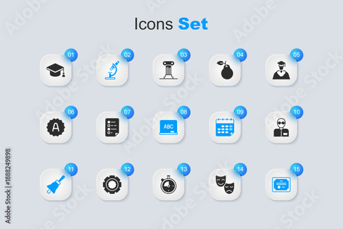 Set Comedy and tragedy masks, Clipboard with checklist, Microscope, Ringing bell, Certificate template, Teacher, Graduation cap and Chalkboard icon. Vector