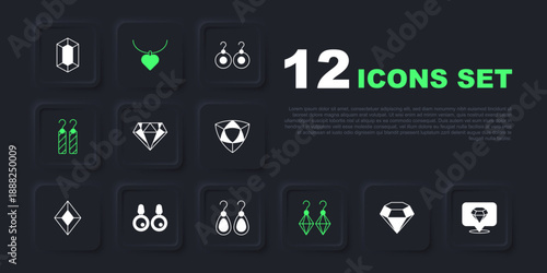 Set Diamond, Earrings, Necklace with heart shaped and icon. Vector