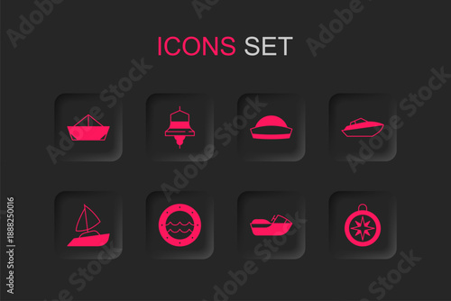 Set Ship porthole, bell, Folded paper boat, Jet ski, Speedboat, Compass, Sailor hat and Yacht sailboat icon. Vector