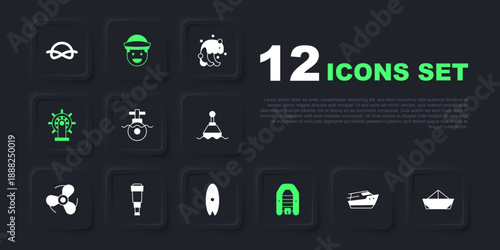 Set Speedboat, Folded paper, Submarine, Inflatable with motor, Ship steering wheel, Spyglass telescope lens, Sailor and Surfboard icon. Vector