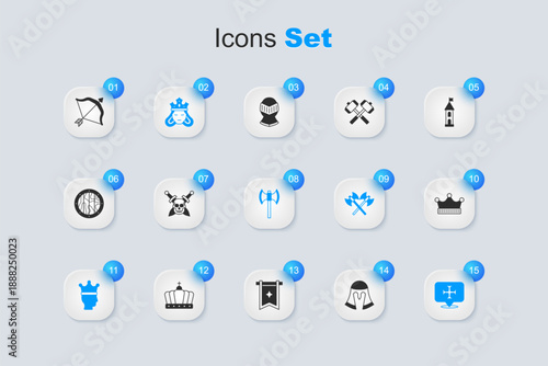 Set Medieval helmet, Skull with sword, Princess queen, King crown, Crusade, bow and arrow and poleaxe icon. Vector